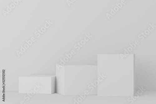 3d rendered illustration with geometric shapes. white cube podium platforms for cosmetic product presentation top light. Abstract composition in modern style.