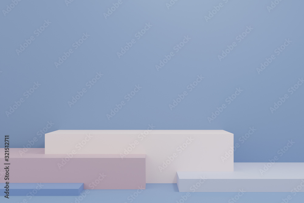 Minimal 3d rendering scene with composition empty step cube shades of blue pastel podium for product and abstract background. mock up geometric shape in pastel colors. 3d illustration Minimal 3d rendering scene with composition empty step cube shades of blue pastel podium for product and abstract background. mock up geometric shape in pastel colors. 3d illustration
