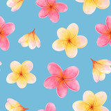 Bright seamless watercolor pattern with plumeria flowers.