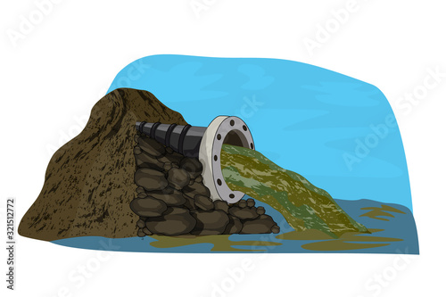 Wastewater. Pipe drain isolated on white background. Water pollution from industrial pipe, dirty toxic effluents, environmental pollution, ecological disaster. Dirty water flowing from metal tube.