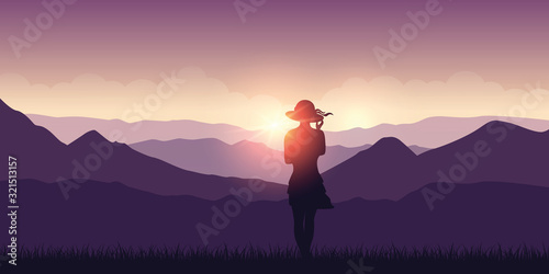 cute young girl at sunset in the purple mountains vector illustration EPS10