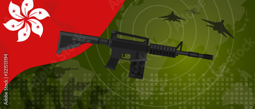 Hongkong modern warfare world map country army. Soldier with gun and plane. National flag gun military