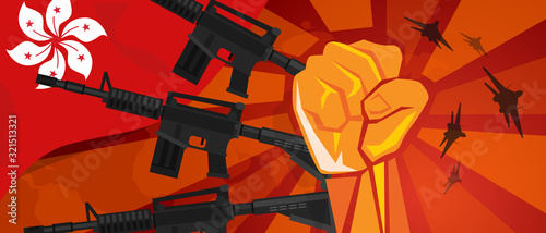 Hongkong flag and hand fist fight warfare country army. National flag gun military. Spirit of patriotism freedom