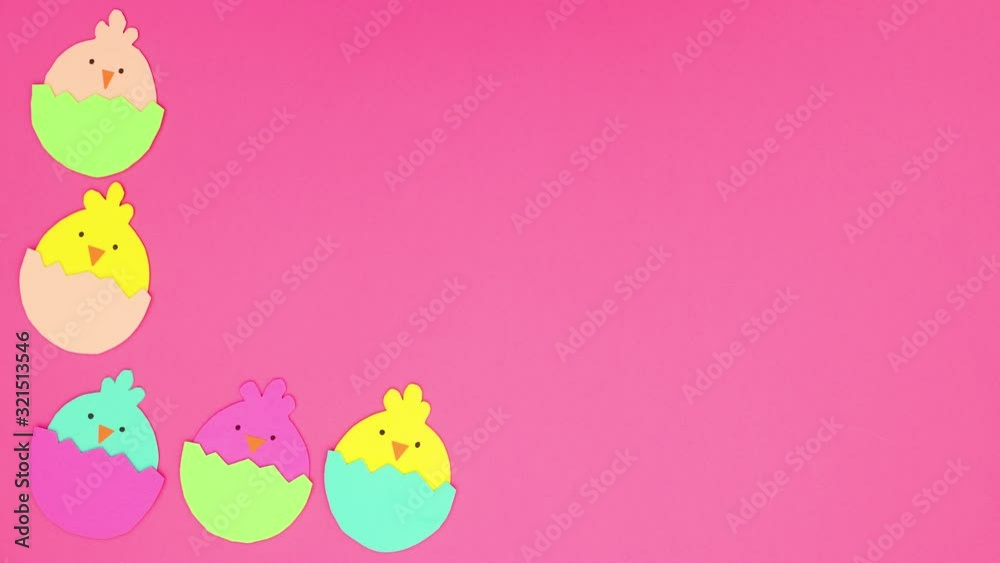 Chickens for Easter moving on left side of pink background - Stop motion Chickens for Easter moving on left side of pink background - Stop motion