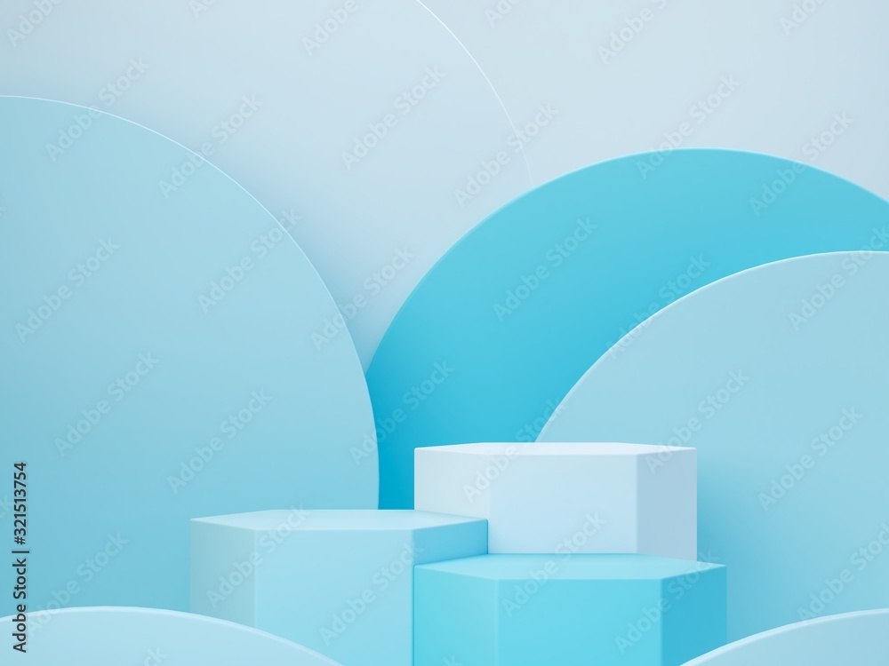 Minimal scene with hexagonal podium and abstract background. Geometric shape. Blue pastel colors scene. Minimal 3d rendering. Scene with geometrical forms and blue background. 3d render. Minimal scene with hexagonal podium and abstract background. Geometric shape. Blue pastel colors scene. Minimal 3d rendering. Scene with geometrical forms and blue background. 3d render.