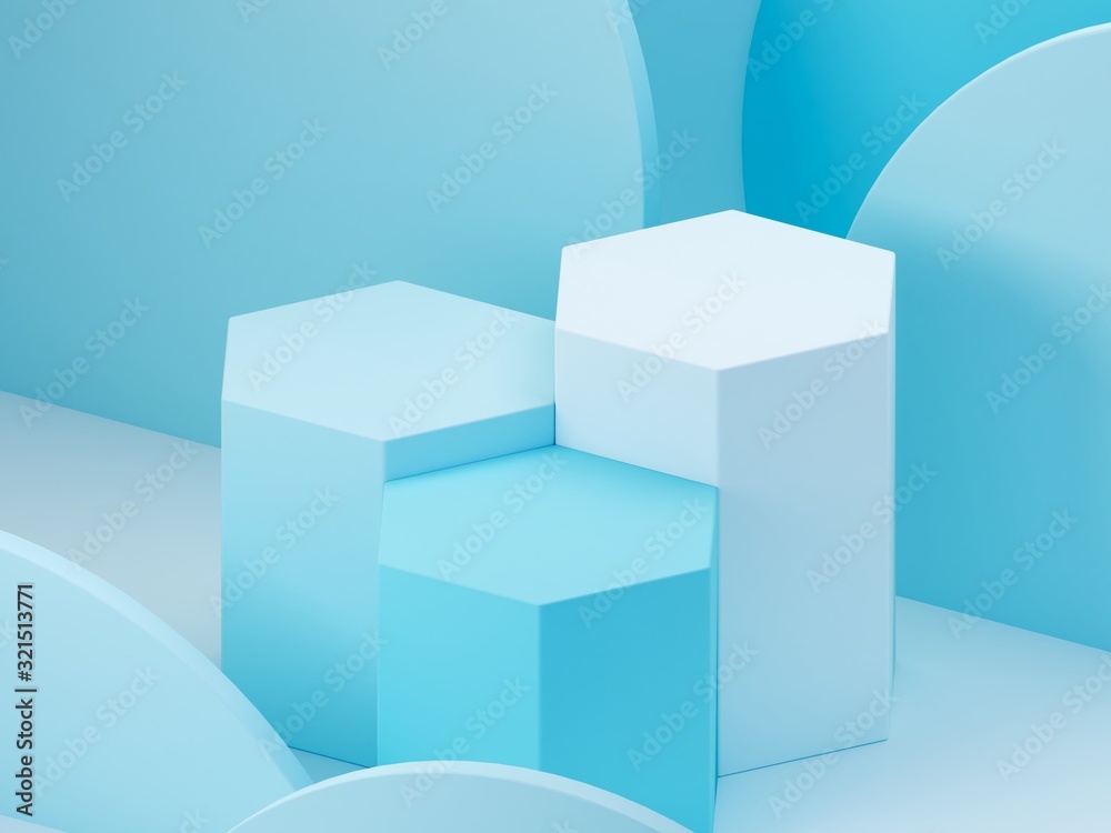 Minimal scene with hexagonal podium and abstract background. Geometric shape. Blue pastel colors scene. Minimal 3d rendering. Scene with geometrical forms and blue background. 3d render. Minimal scene with hexagonal podium and abstract background. Geometric shape. Blue pastel colors scene. Minimal 3d rendering. Scene with geometrical forms and blue background. 3d render.