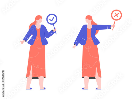 Girl with two signs permission and prohibition. Checkmark and prohibition cross. Approval and denial. Vector illustration with character.