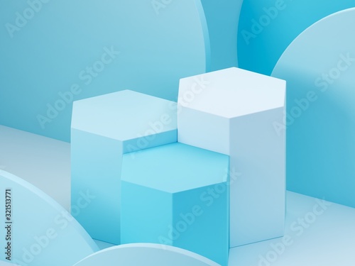 Minimal scene with hexagonal podium and abstract background. Geometric shape. Blue pastel colors scene. Minimal 3d rendering. Scene with geometrical forms and blue background. 3d render. 