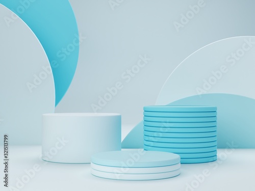 Minimal scene with podium and abstract background. Geometric shape. Blue pastel colors scene. Minimal 3d rendering. Scene with geometrical forms and blue background. 3d render. 