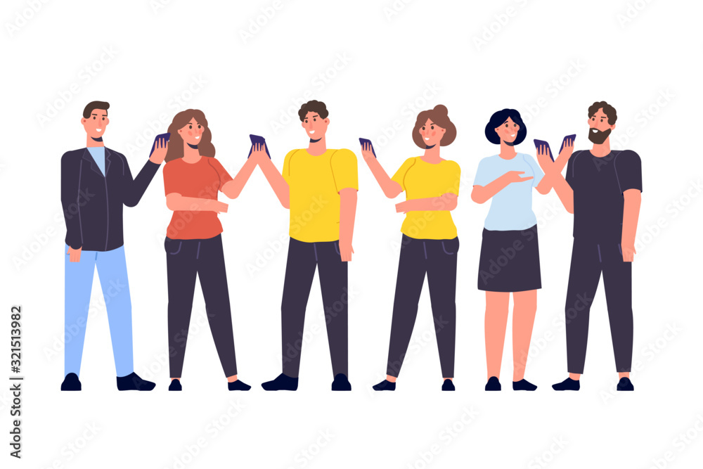 Obraz premium Diverse focus group of peoples concept. People with smartphone in hands. Vector illustration