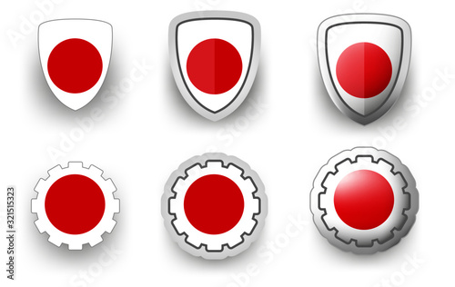 6 vector icons of Japan - flag shield button and cogwheel, flat and volumetric style in flag colors red, white for poster, flyer