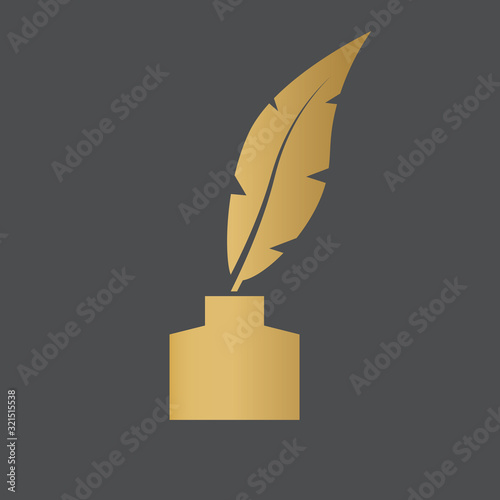 golden inkwell with a pen icon- vector illustration