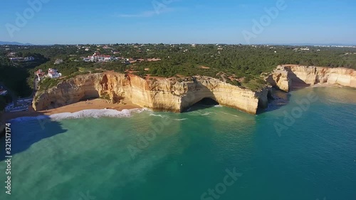 Aerial. Portuguese beach Benagil with the famous cave, aerial view, taken by quadrocopter.