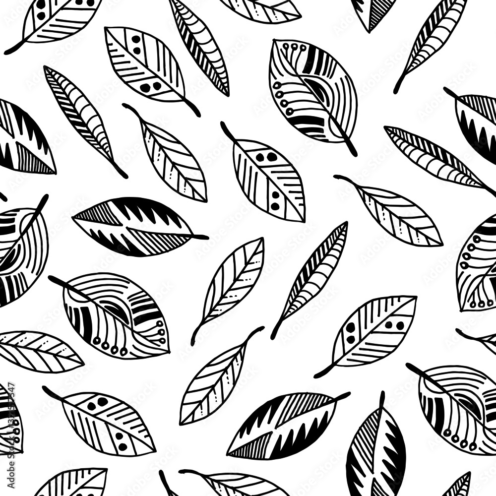 seamless pattern doodle leaves on white background