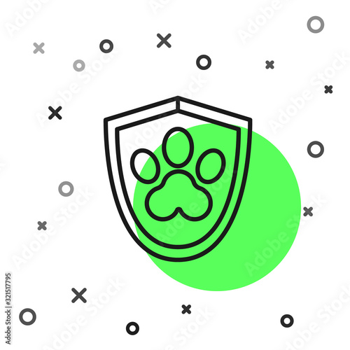 Black line Animal health insurance icon isolated on white background. Pet protection icon. Dog or cat paw print. Vector Illustration