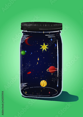 Illustriertes Universum in einem Einmachglas beziehungsweise Glas. Planeten, Sonne, Mond und Sterne, sowie Sonnensysteme und das weite All alles in einem Glas komprimiert. 