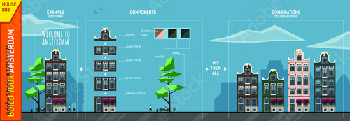 Amsterdam house constructor. Front view. Contains tree, bushes, car, bike rider and color palettes. Use module elements to build your own design of poster, banner, postcard, etc.