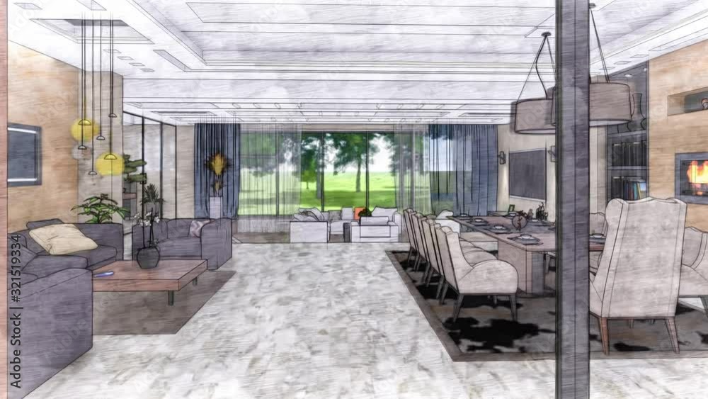 Drawn living room interior 3d illustration stylized as a drawing with colored pencils. Luxury living room in a modern style