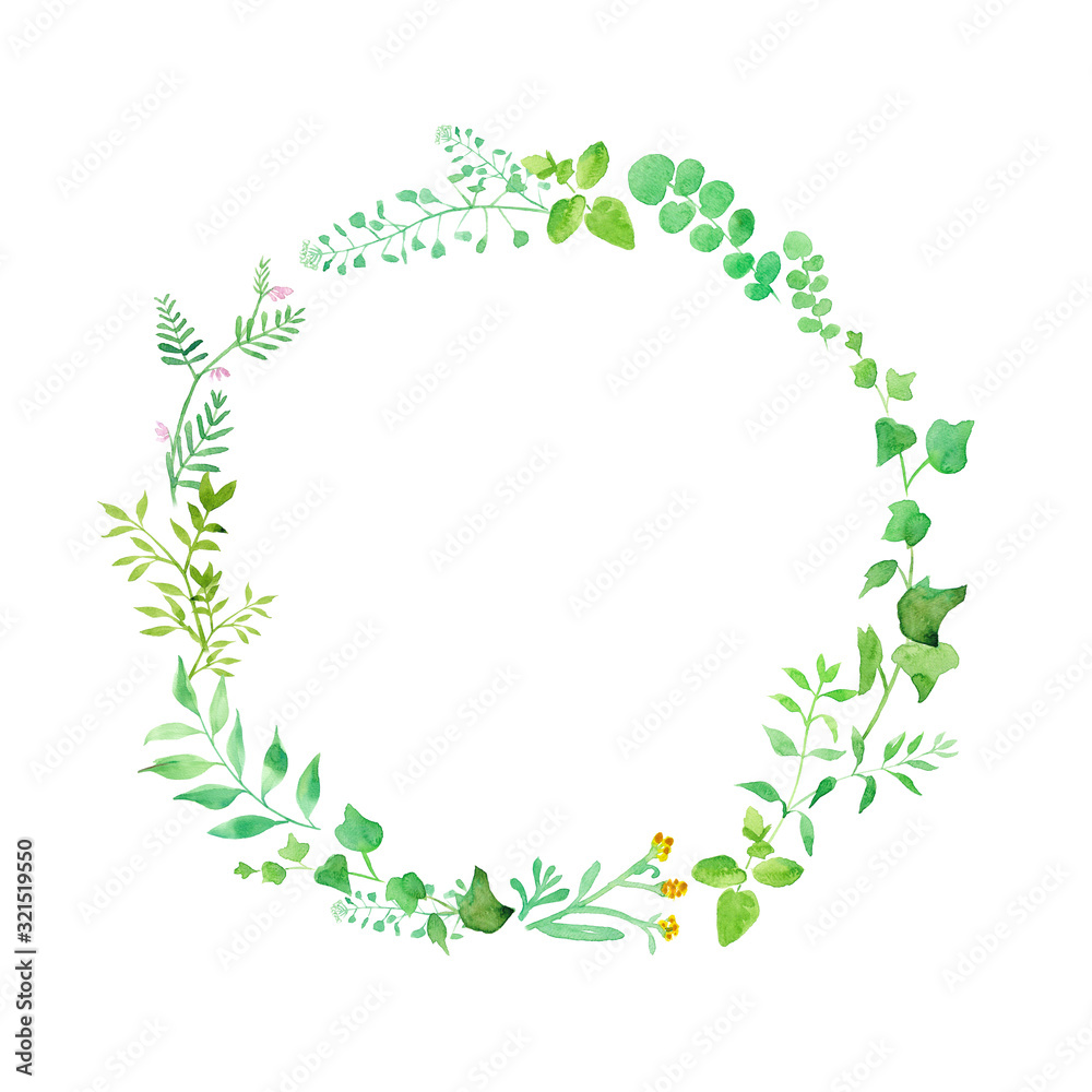 グリーンの草花の丸型フレーム 水彩イラスト Stock Illustration Adobe Stock