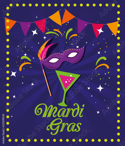 Mardi gras mask and cocktail design, Party carnival decoration celebration festival holiday fun new orleans and traditional theme Vector illustration