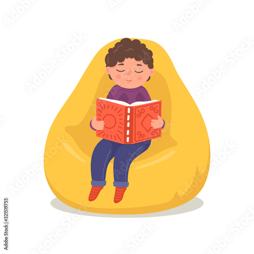 Cute little boy reading book in bean bag. Child sitting in comfortable armchair. Education vector illustration isolated on white background. 