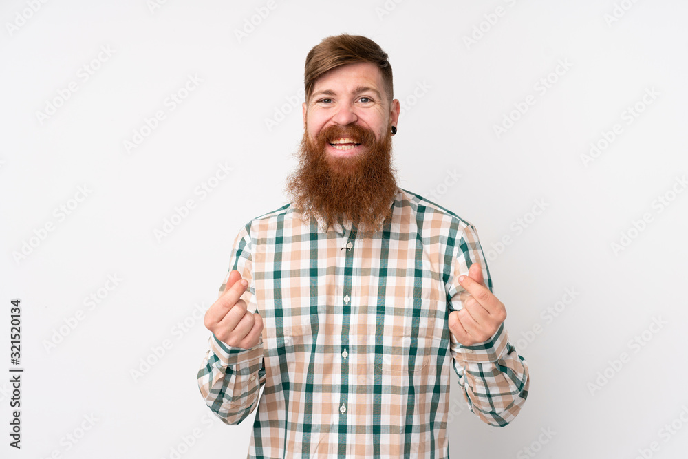 Redhead man with long beard over isolated white background making money gesture Redhead man with long beard over isolated white background making money gesture