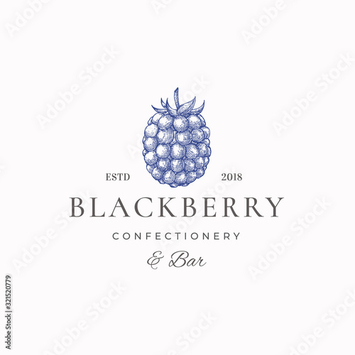 Blackberry Confectionary Abstract Vector Sign, Symbol or Logo Template. Hand Drawn Black Berry Sketch Sillhouette with Elegant Retro Typography. Vintage Luxury Emblem.