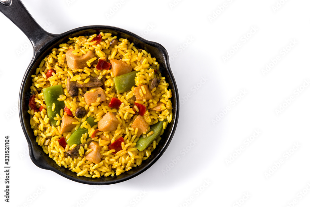 Fried rice with chicken and vegetables on frying iron pan isolated on white background. Top view. Copy space Fried rice with chicken and vegetables on frying iron pan isolated on white background. Top view. Copy space