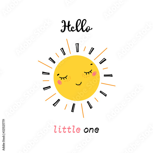 T-shirt Print Design for Kids with Cartoon Doodle Cute Smiling Happy Sun Face and Lettering Quotes Hello Little One Vector Illustration. Scandinavian Print or Poster Design, Baby Shower Greeting Card