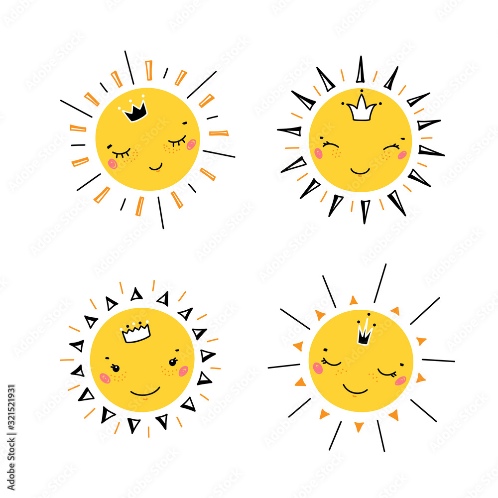Cute Smiling Sun Little Princess Icons Vector Set. Hand Drawn Doodle Different Happy Suns with Crowns Collection for Kids, Baby, Nursery, Baby Shower Cute Smiling Sun Little Princess Icons Vector Set. Hand Drawn Doodle Different Happy Suns with Crowns Collection for Kids, Baby, Nursery, Baby Shower