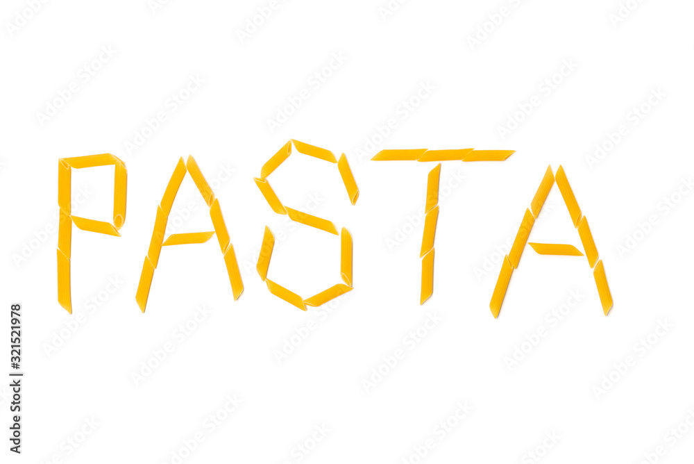 pasta inscription on a white background / yellow Italian pasta made from durum wheat on a white background pasta inscription on a white background / yellow Italian pasta made from durum wheat on a white background