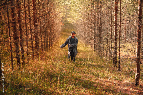 The boy walks through the pine forest. The boy runs.