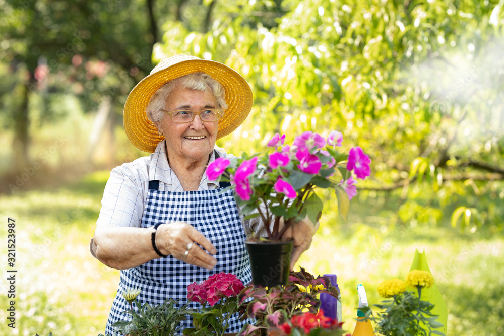 Senior woman taking care of plants