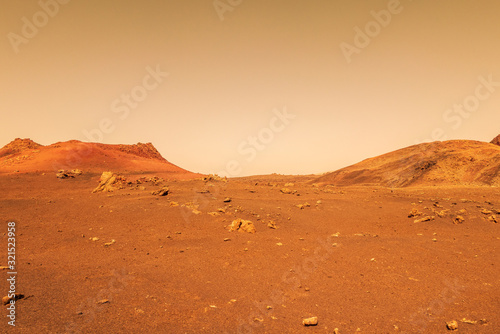 Landscape on planet Mars , desert and mountains on red planet