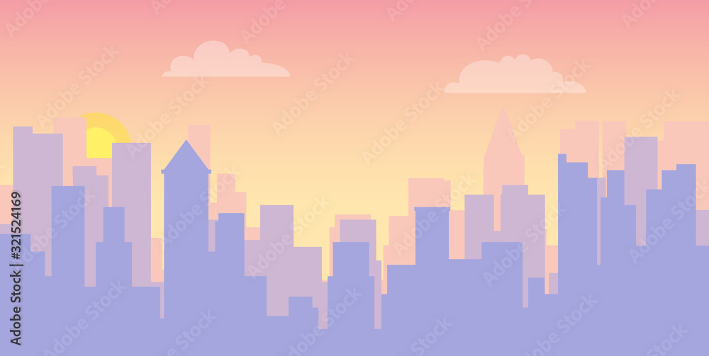 Cityscape at sunrise. Sunrise against the background of the urban landscape. Vector illustration of a megalopolis.