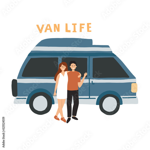 Couple living in a campervan. HAnd drawn vector illustration with lettering. Van life movement concept for banner, flyer.