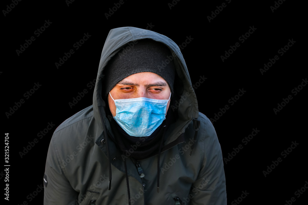Epidemic Coronavirus. Man in face mask outdoors. Dangerous flu strain cases. Pandemic disease. Health problem concept. Epidemic viruses attack. Epidemic Coronavirus. Man in face mask outdoors. Dangerous flu strain cases. Pandemic disease. Health problem concept. Epidemic viruses attack.