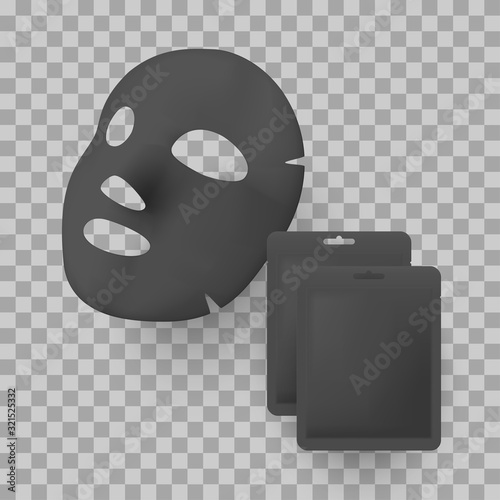 Black facial mask and package bag mockups