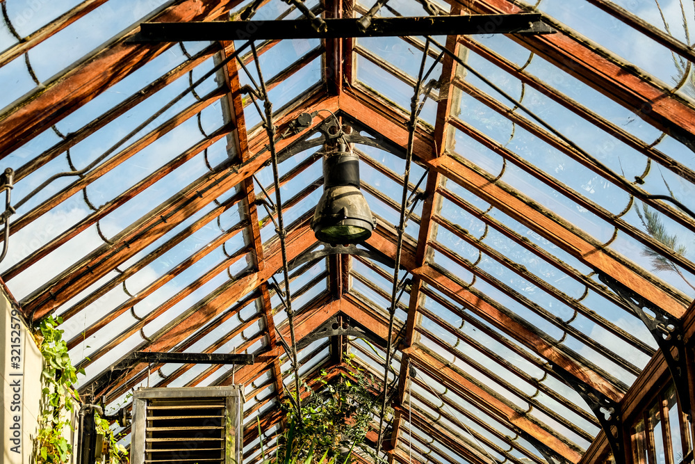 Vertical view of a large green house showing the detailed wooden frame and glass windows. A central heat lamp is seen in this tropical section of the gardens.