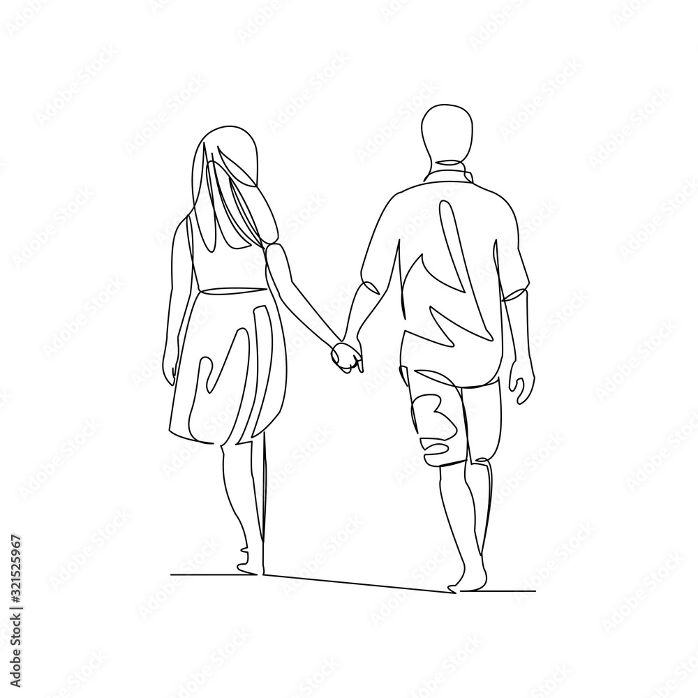 Continuous Line Art Drawing of a Loving Couple Walking and Holding Hands.  Perfect for Romantic Invitations and Posters Stock Illustration -  Illustration of woman, relationship: 277193091