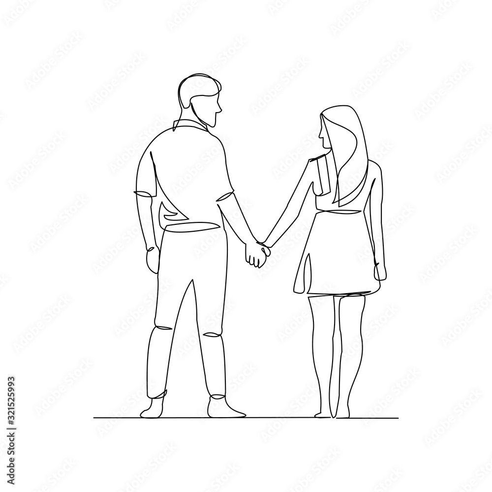 Continuous line drawing of romantic couple holding hands. Line art concept for valentine. Vector illustration. Continuous line drawing of romantic couple holding hands. Line art concept for valentine. Vector illustration.