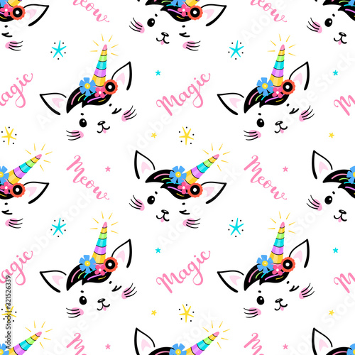 Cute Unicorn Cat Head with Floral Wreath and Lettering Seamless Pattern for Kids. Magic Caticorn, Kittycorn Nursery Wallpaper. Magical Kitten Face with Flower Unicorn Horn and Funny Hair Bangs