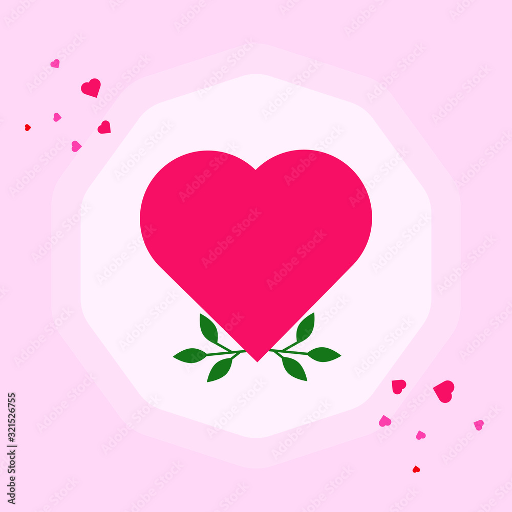 This is cute vector card. Heart, leaves and ribbon on pink background. Could be used for flyers, postcards, banners, holidays decorations. For Valentine’s Day, Women’s Day, Mother’s Day.