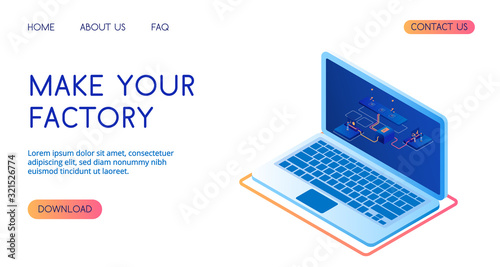 Vector modern laptop with factory isometric illustration 3D.