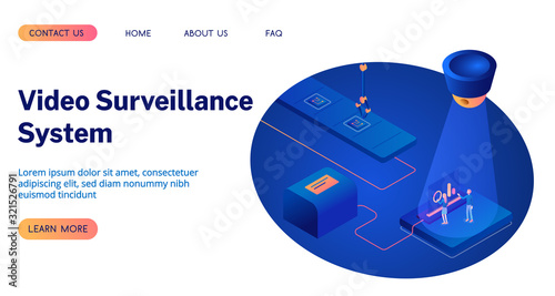 CCTV or video surveillance system isometric 3D vector illustration landing page.