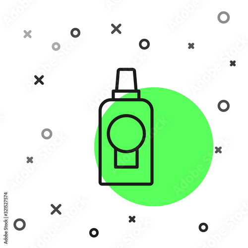 Black line Mouthwash plastic bottle icon isolated on white background. Liquid for rinsing mouth. Oralcare equipment. Vector Illustration