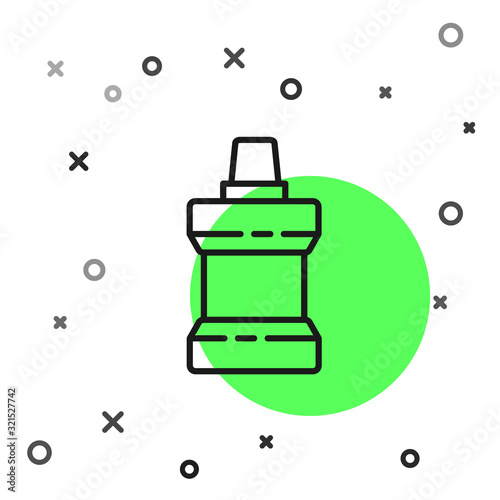 Black line Mouthwash plastic bottle icon isolated on white background. Liquid for rinsing mouth. Oralcare equipment. Vector Illustration