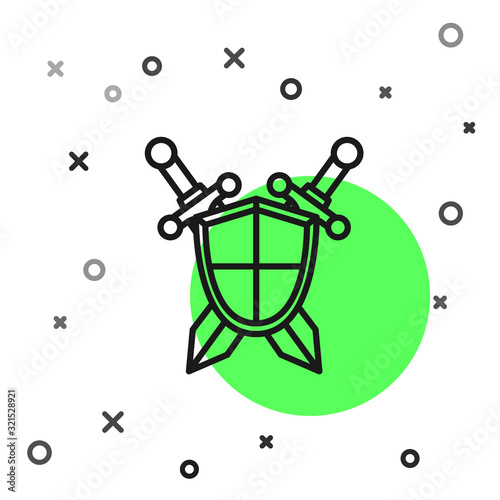 Black line Medieval shield with crossed swords icon isolated on white background. Vector Illustration
