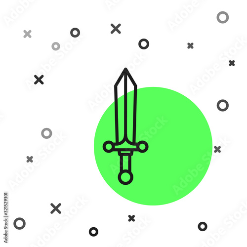Black line Medieval sword icon isolated on white background. Vector Illustration