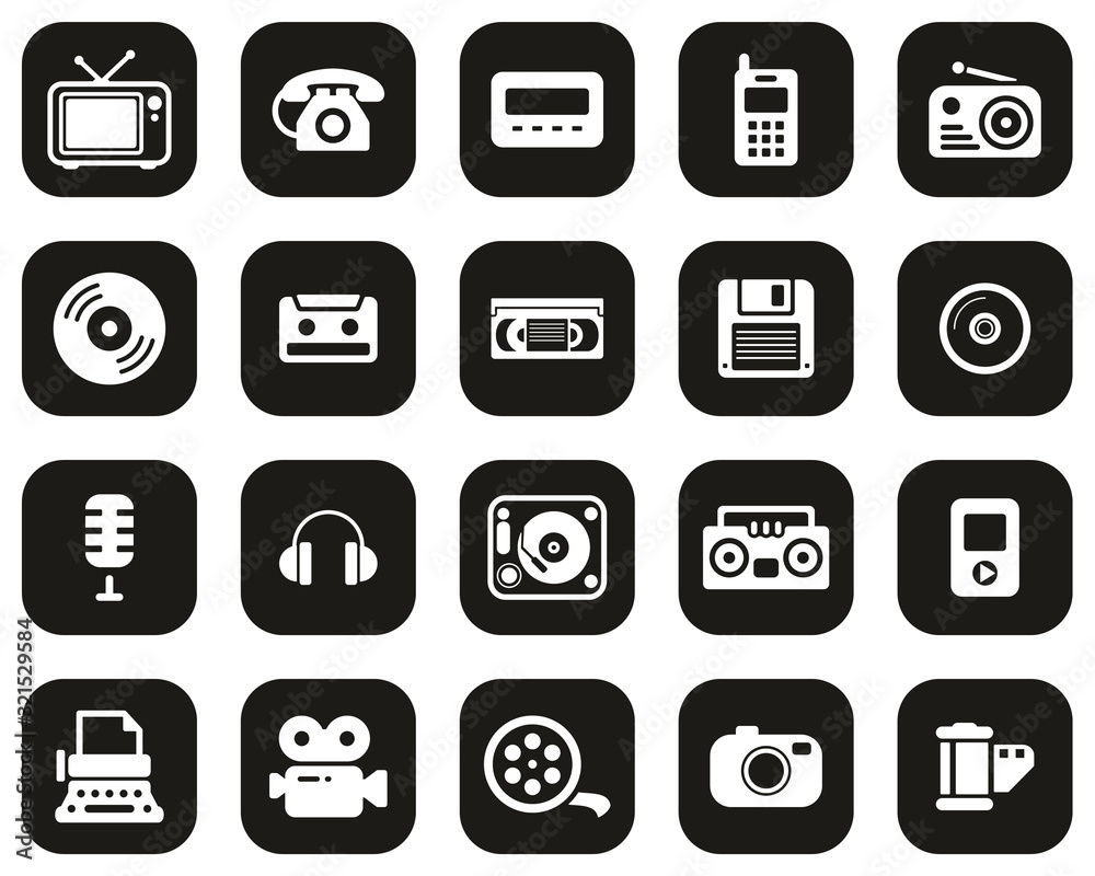 Old Technology Icons White On Black Flat Design Set Big